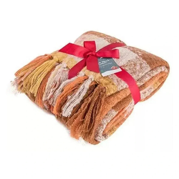 Orange Plaid Blanket Throw Acrylic Soft Reversible Dyed Fringed Bed Blanket f... - Picture 3 of 14